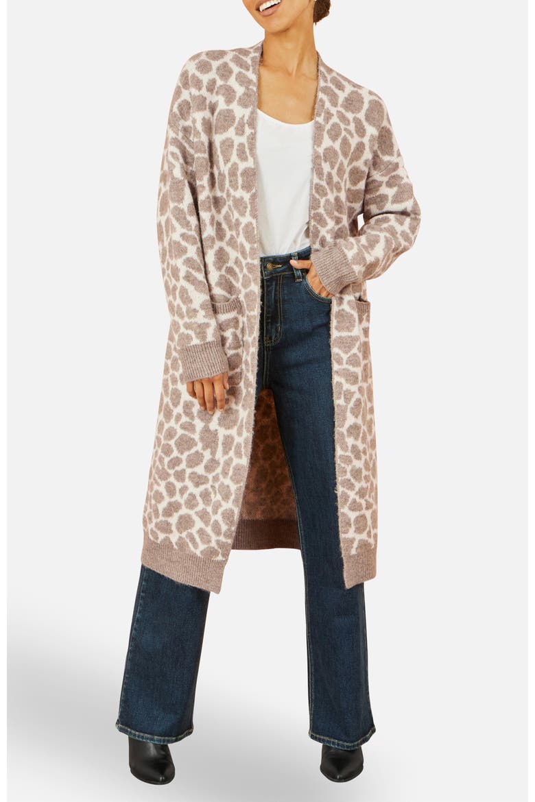 Animal Print Intarsia Long Cardigan, Alternate, color, Beige