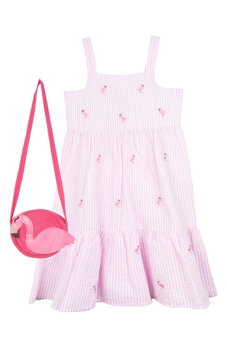 Rare Editions Kids' Flamingo Seersucker Dress & Crossbody Bag Set, Main, color, 