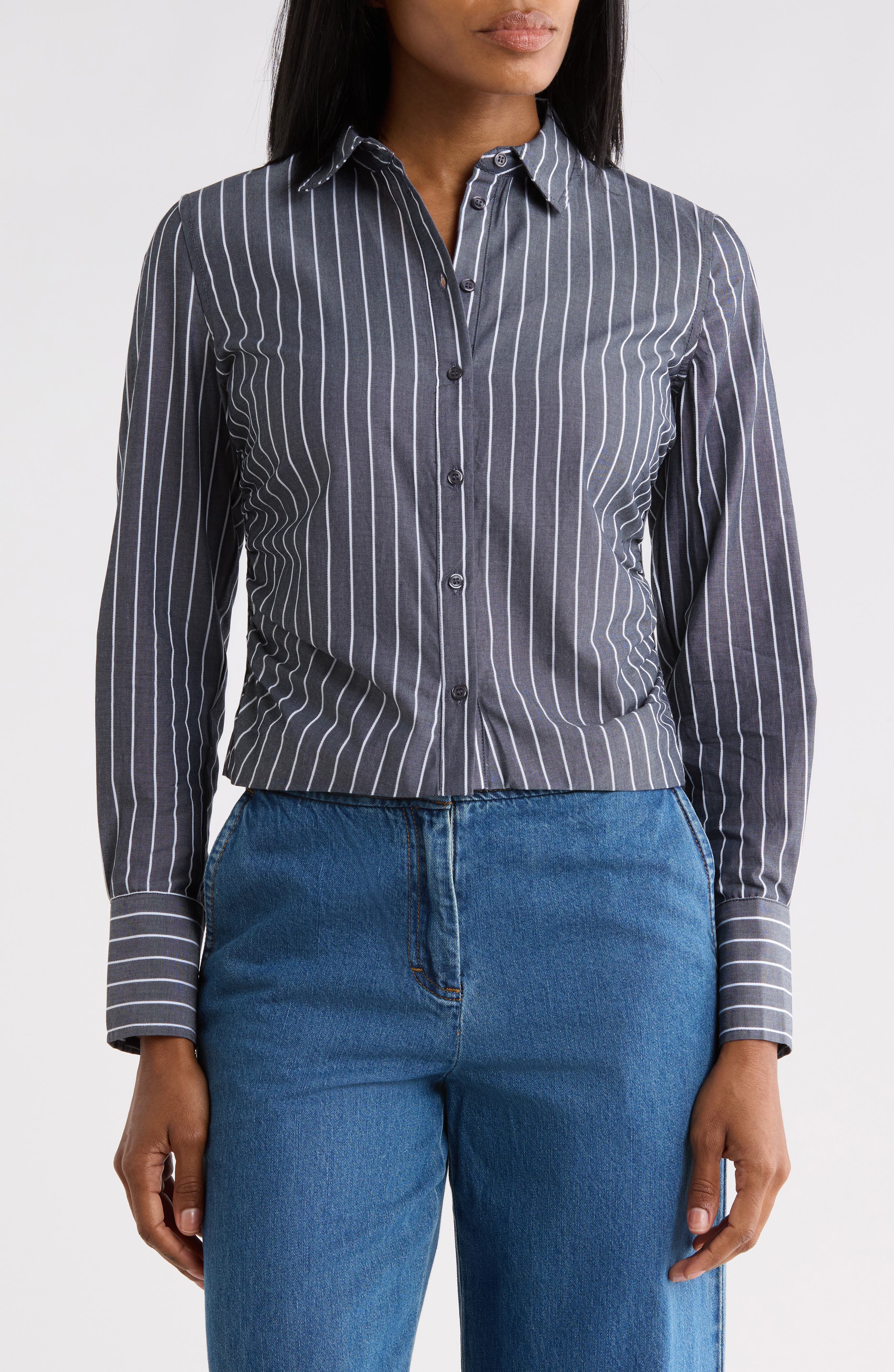 Ruched Striped Cropped Shirt