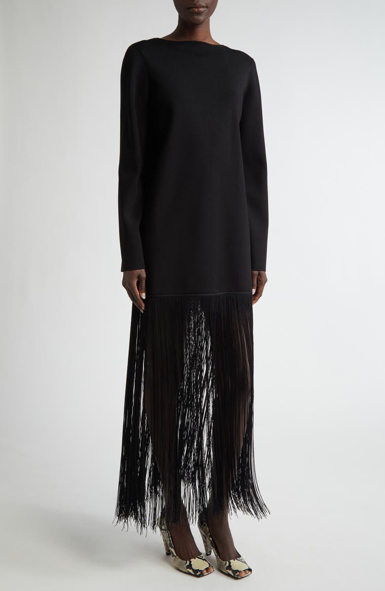 Khaite Paley Long Sleeve Fringe Hem Dress, Alternate, color, 