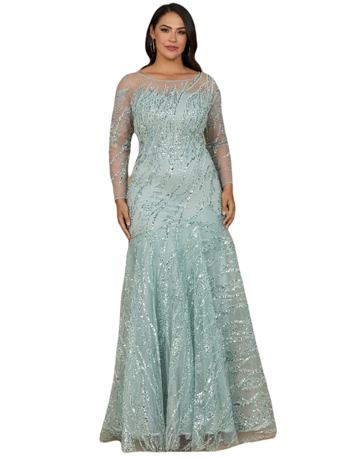 Lara New York Long Sleeve Mermaid Beaded Gown In Seafoam