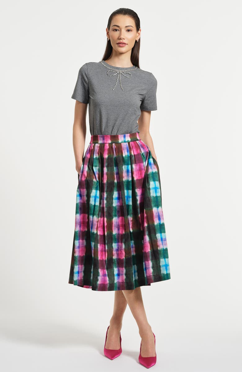 Isaac Mizrahi New York Stretch Cotton Sateen Midi Skirt, Alternate, color, Watercolor Tartan