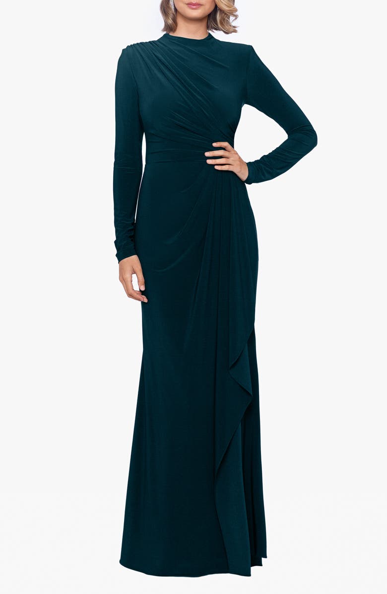 Betsy & Adam Side Ruffle Long Sleeve Gown, Main, color, 
