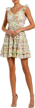 Mac Duggal Women’s Floral Print Tiered Ruffle Sleeveless Mini Dress