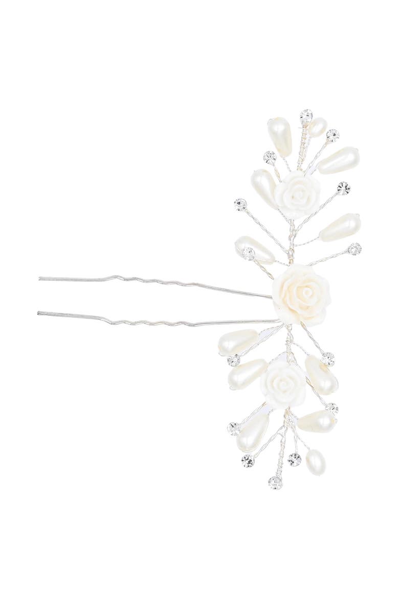 Rhinestone Ivory Pearl and Rose Hair Pin, Main, color, Silver