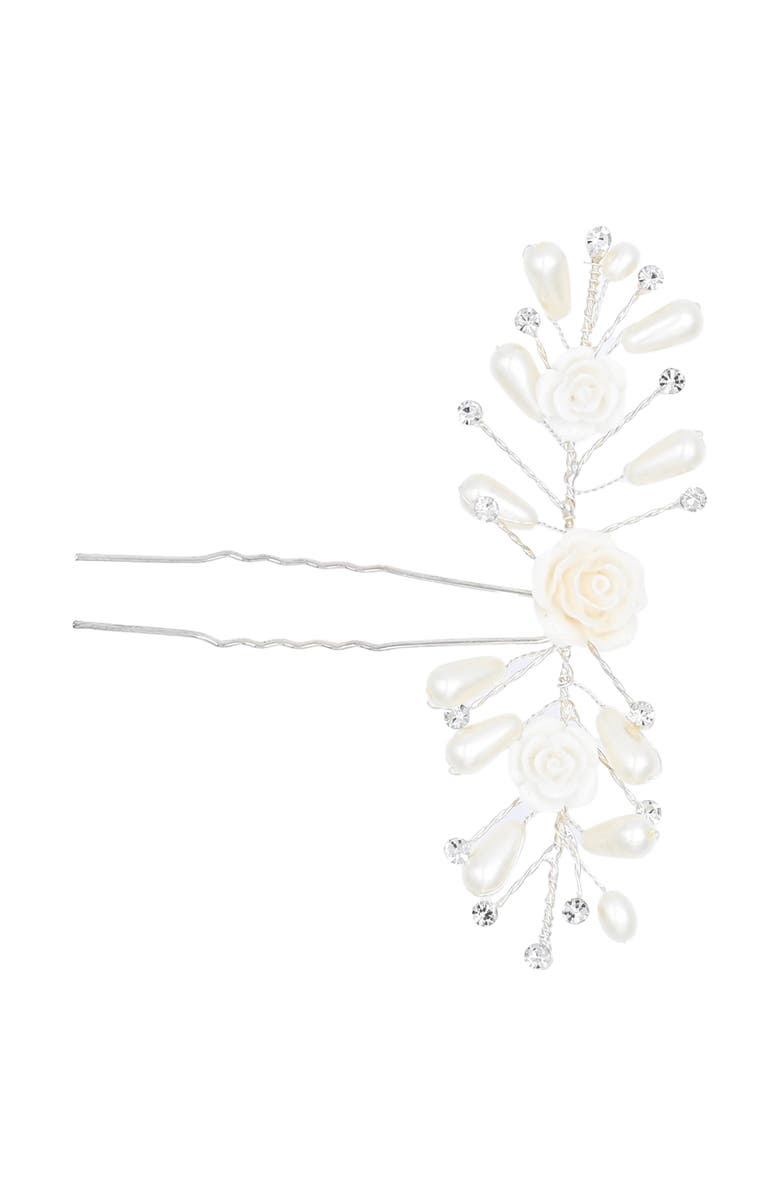 Tulleen Rhinestone Ivory Pearl and Rose Hair Pin, Main, color, Silver