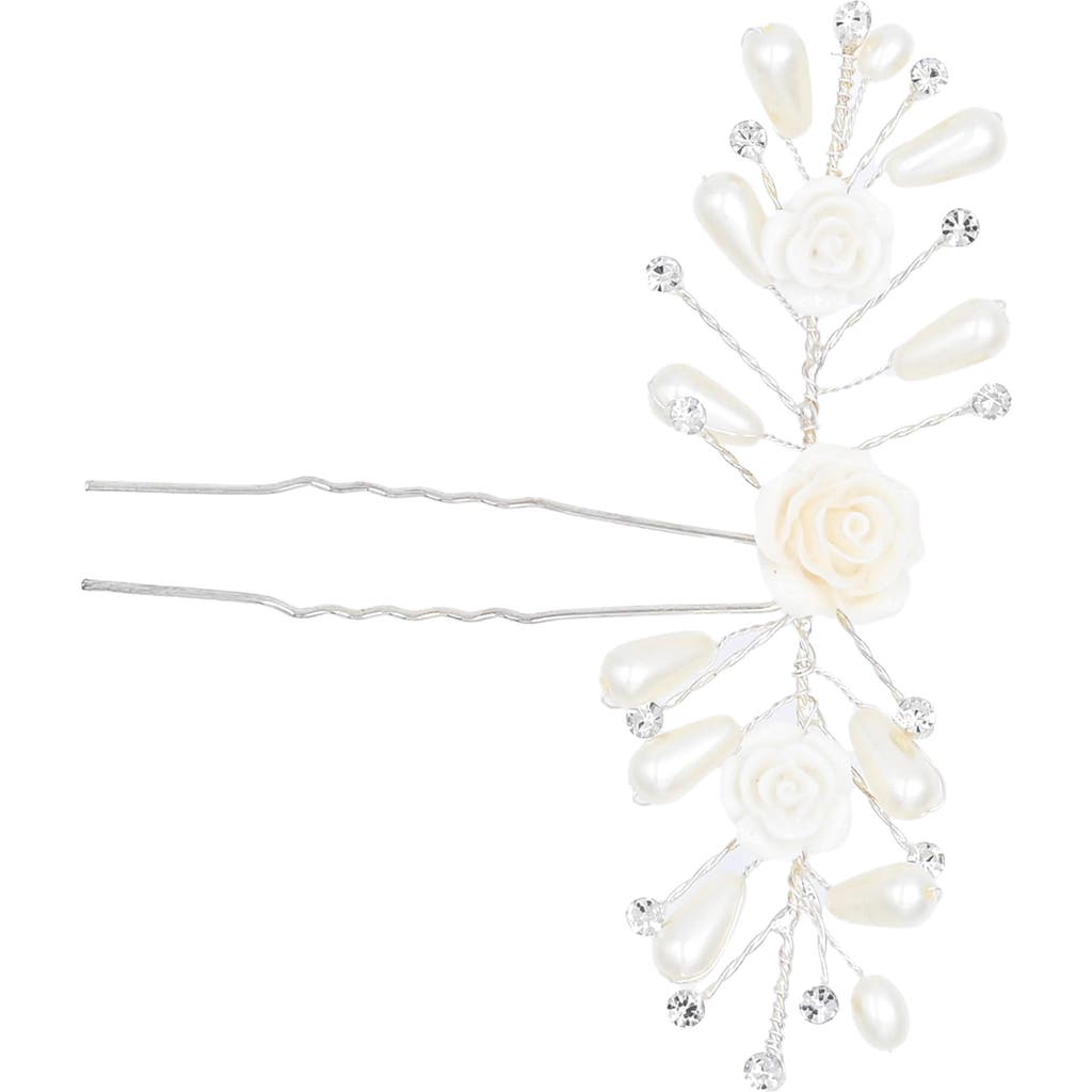 Tulleen Rhinestone Ivory Pearl And Rose Hair Pin In Silver