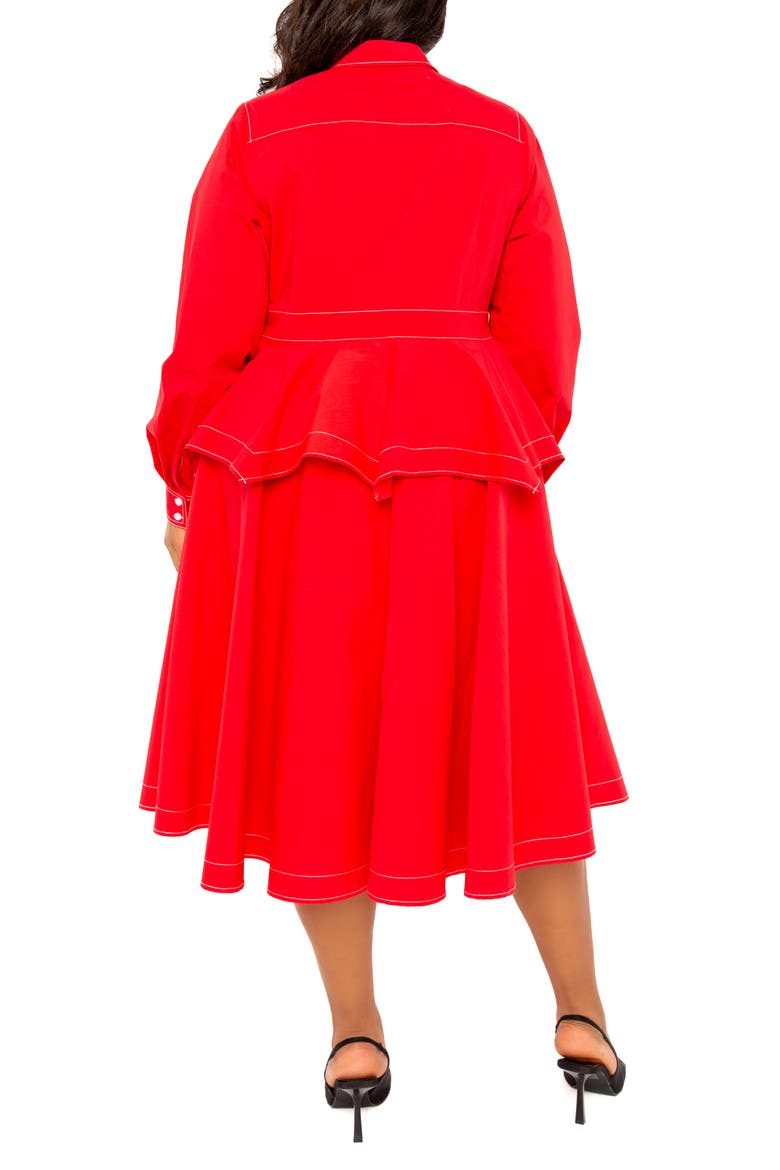 Topstitched Long Sleeve Peplum Shirtdress, Alternate, color, RED