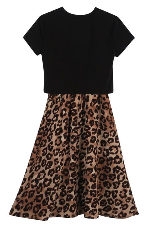 Kids' Graphic T-Shirt & Leopard Skirt Set