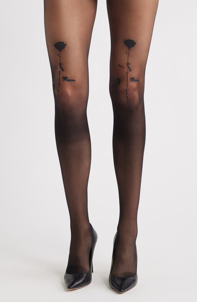 HIGH HEEL JUNGLE Rose Tattoo Sheer Tights, Alternate, color, Black