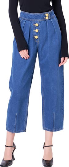 Premium Pleated Crop Wide Leg Denim Trousers