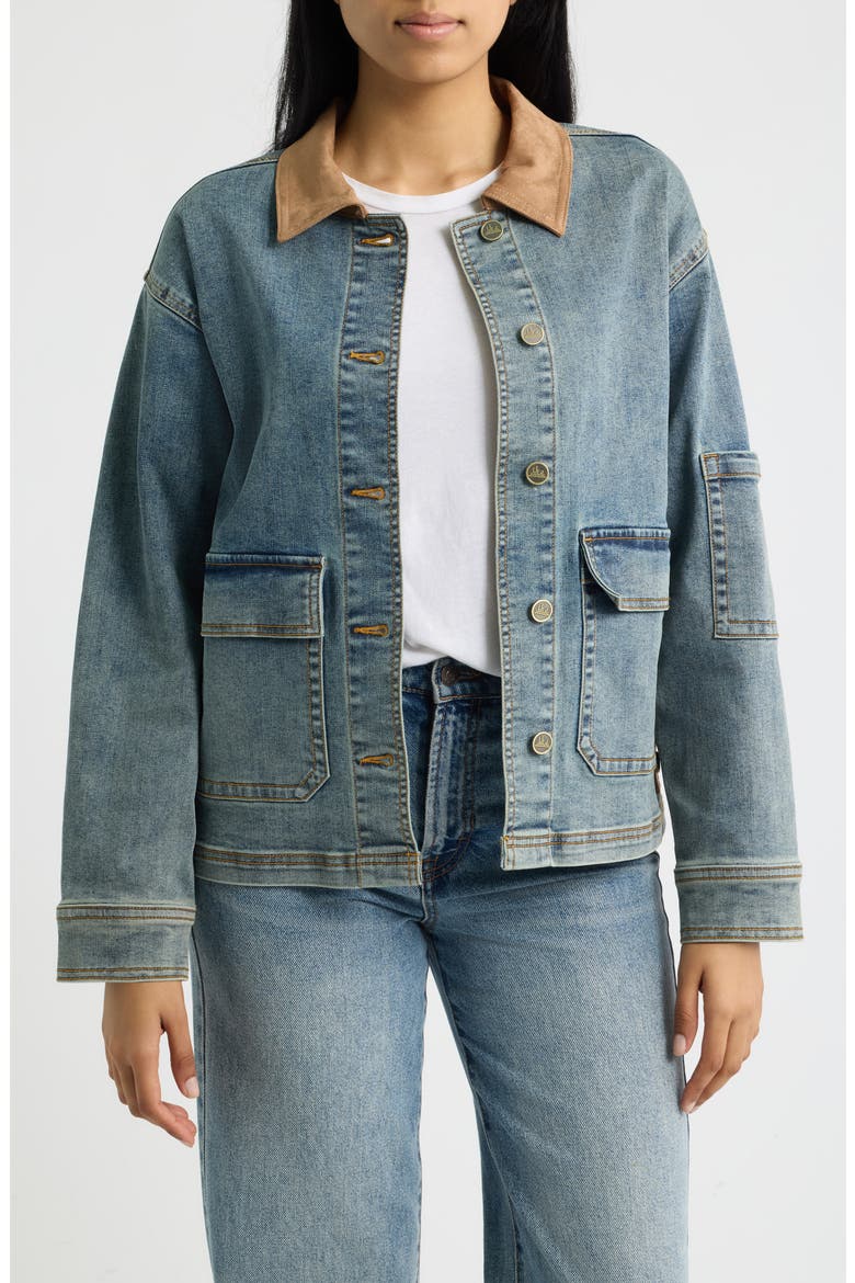 Faux Suede Collar Denim Jacket, Main, color, INDIGO