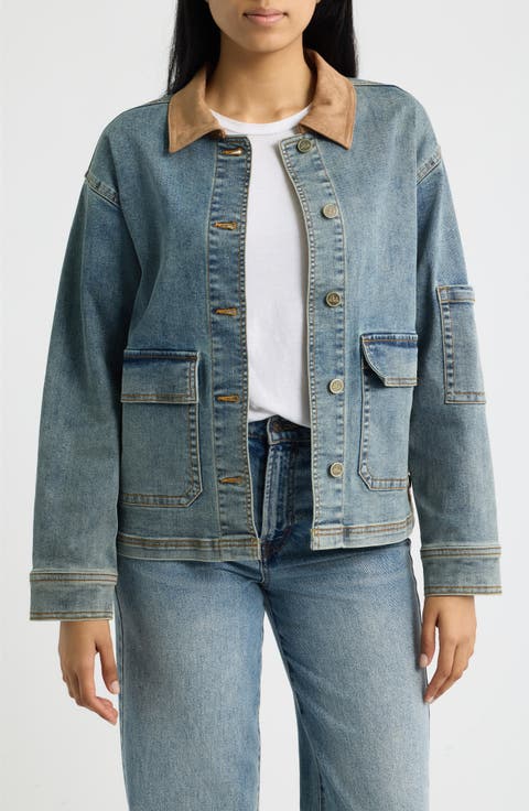 Faux Suede Collar Denim Jacket