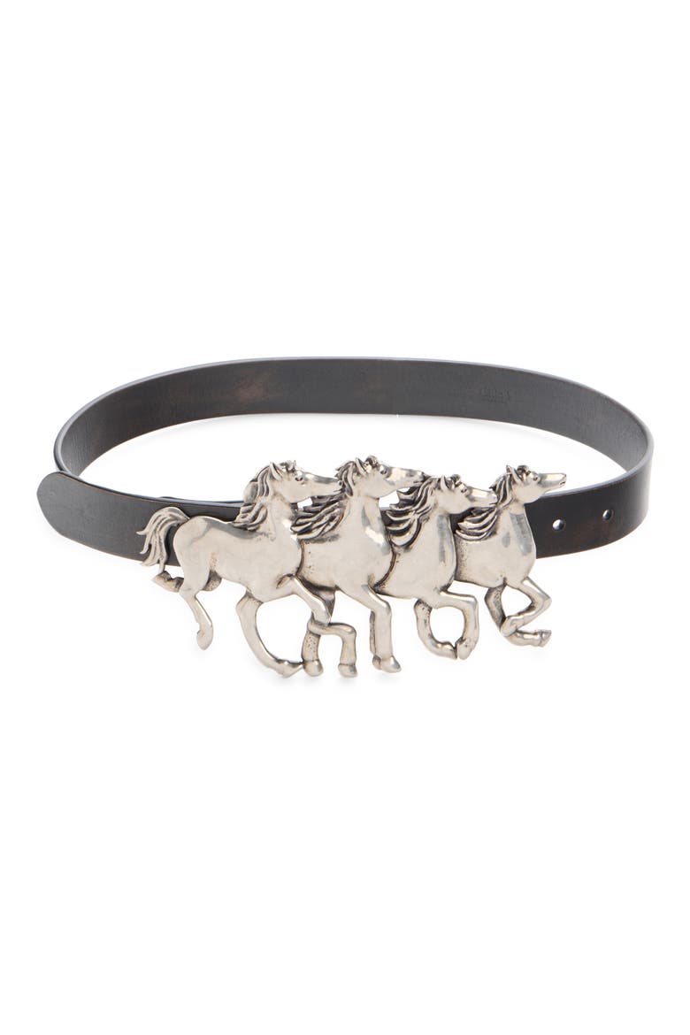 Running Horses Leather Belt, Main, color, BLACK AND PALLADIUM