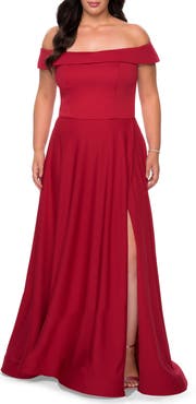 La Femme Off The Shoulder Plus Size Dress with Leg Slit