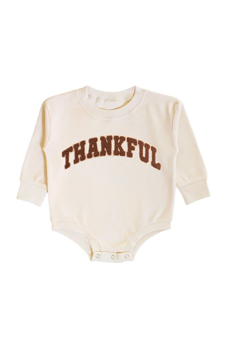 Sweet Wink Thankful Patch Varsity Thanksgiving Long Sleeve Romper, Main, color, Natural