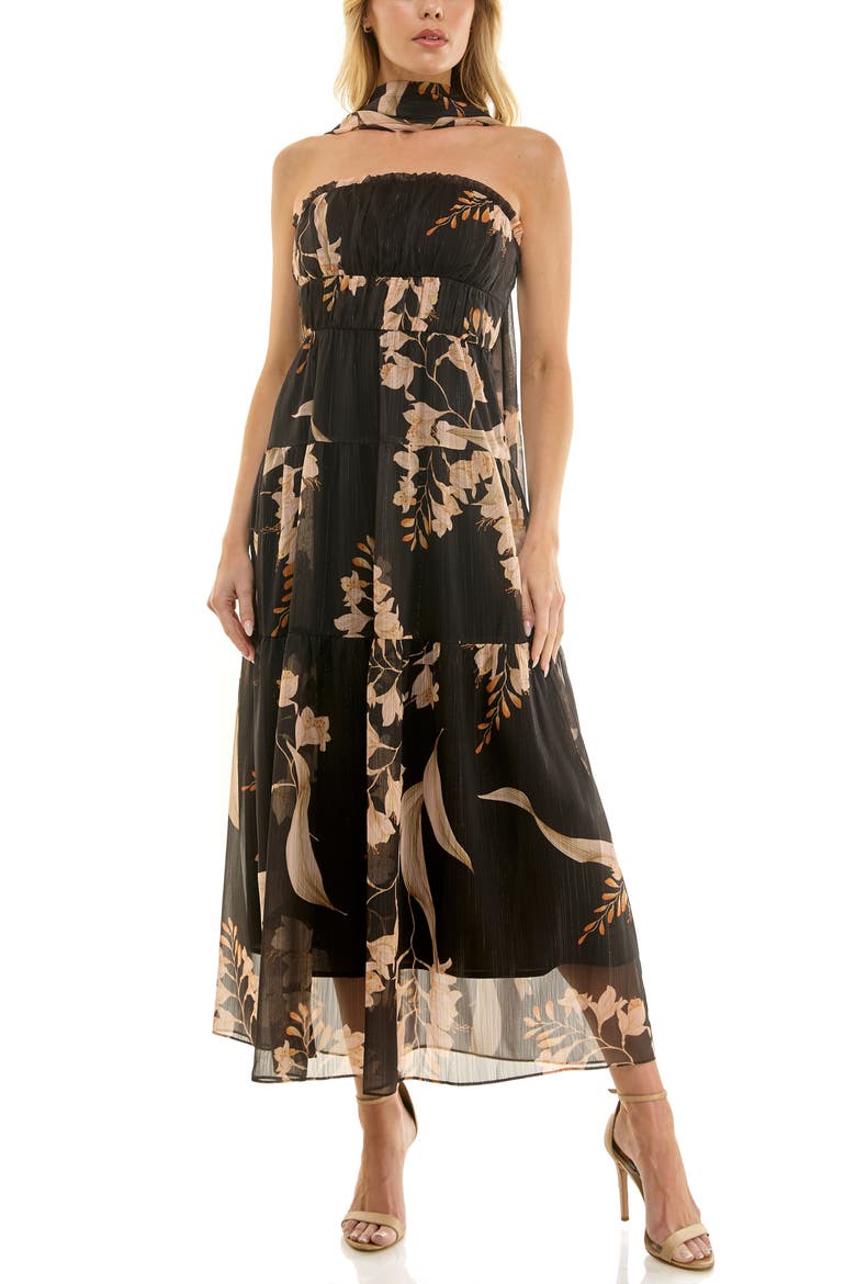 Metallic Floral Strapless Dress & Scarf Set, Main, color, BLACK/ TAN