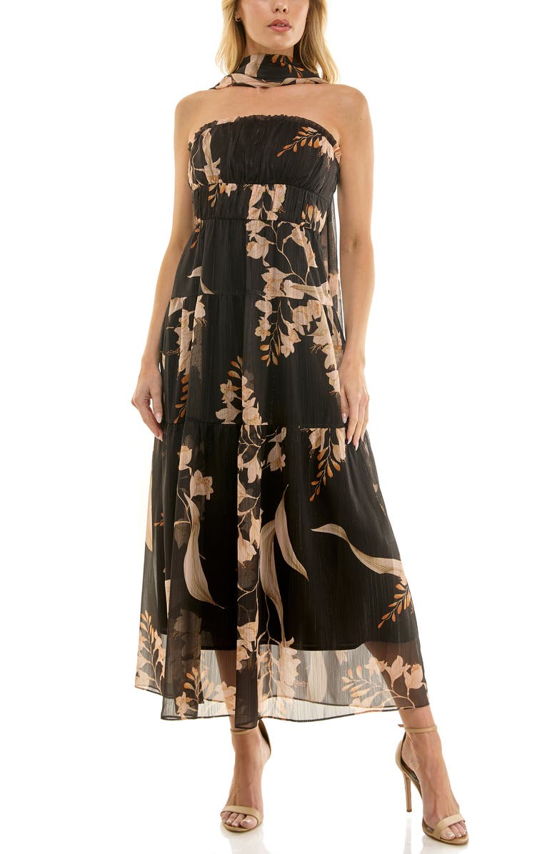 Socialite Metallic Floral Strapless Dress & Scarf Set, Main, color, Black/ Tan