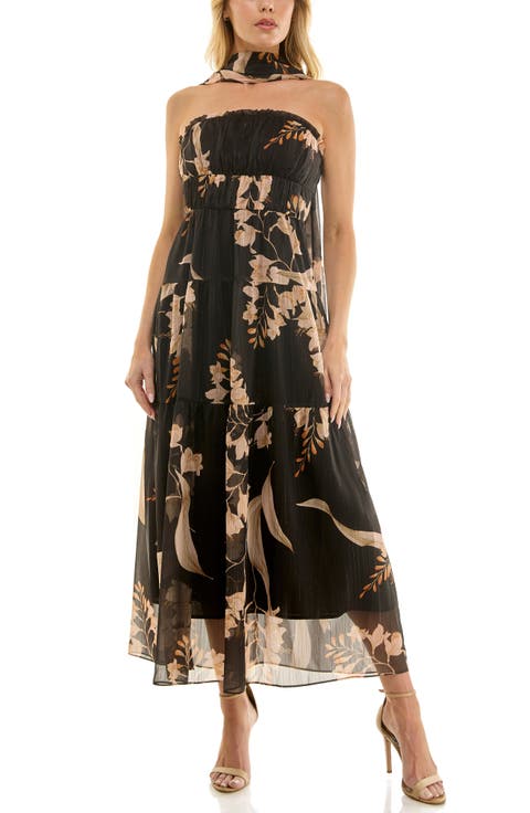 Metallic Floral Strapless Dress & Scarf Set