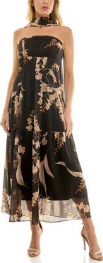 Socialite Metallic Floral Strapless Dress & Scarf Set