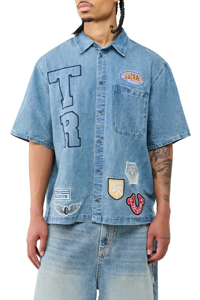 Patchwork Short Sleeve Denim Shirt, Main, color, GOLDEN SURF LIGHT WASH