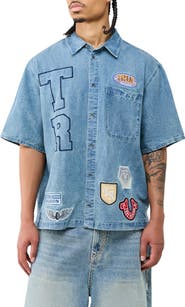True Religion Patchwork Short Sleeve Denim Shirt