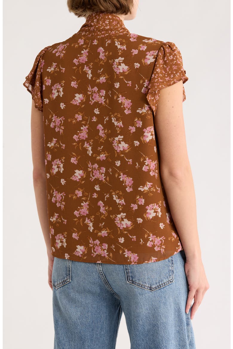 Floral Tie Neck Flutter Sleeve Top, Alternate, color, ROOT BEER