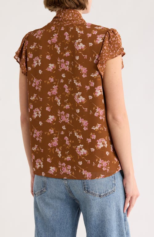 Dr2 By Daniel Rainn Floral Tie Neck Flutter Sleeve Top In Brown