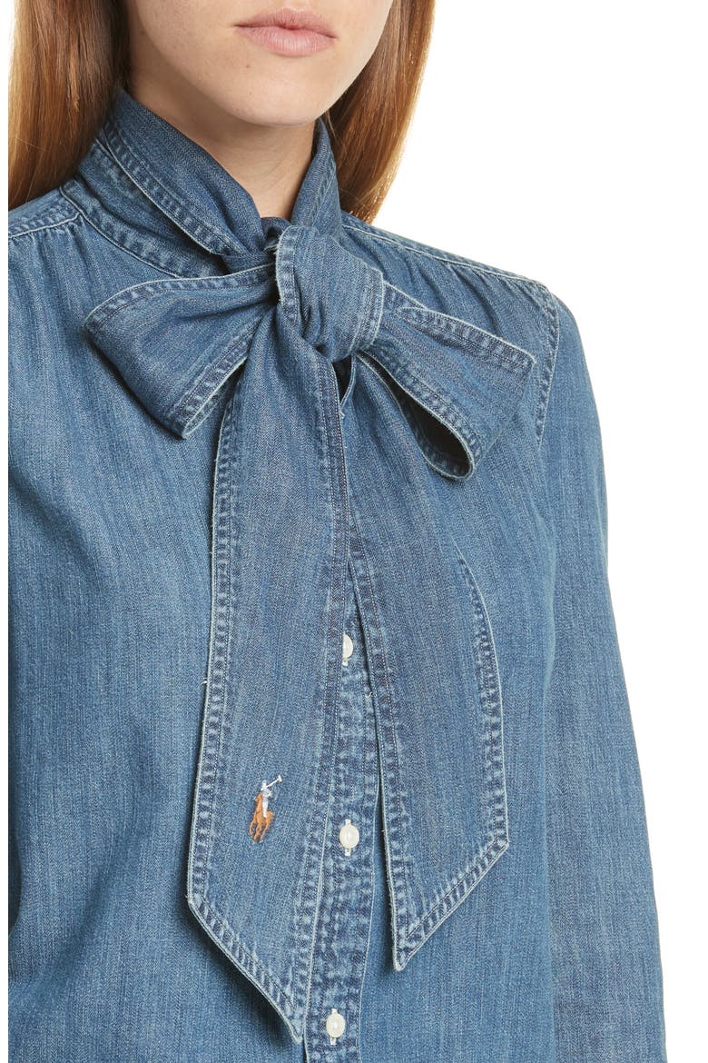 Tie Neck Button-Up Denim Shirt, Alternate, color, MEDIUM INDIGO