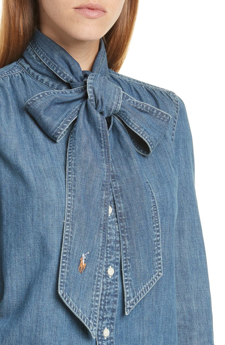 Polo Ralph Lauren Tie Neck Button-Up Denim Shirt, Alternate, color, 