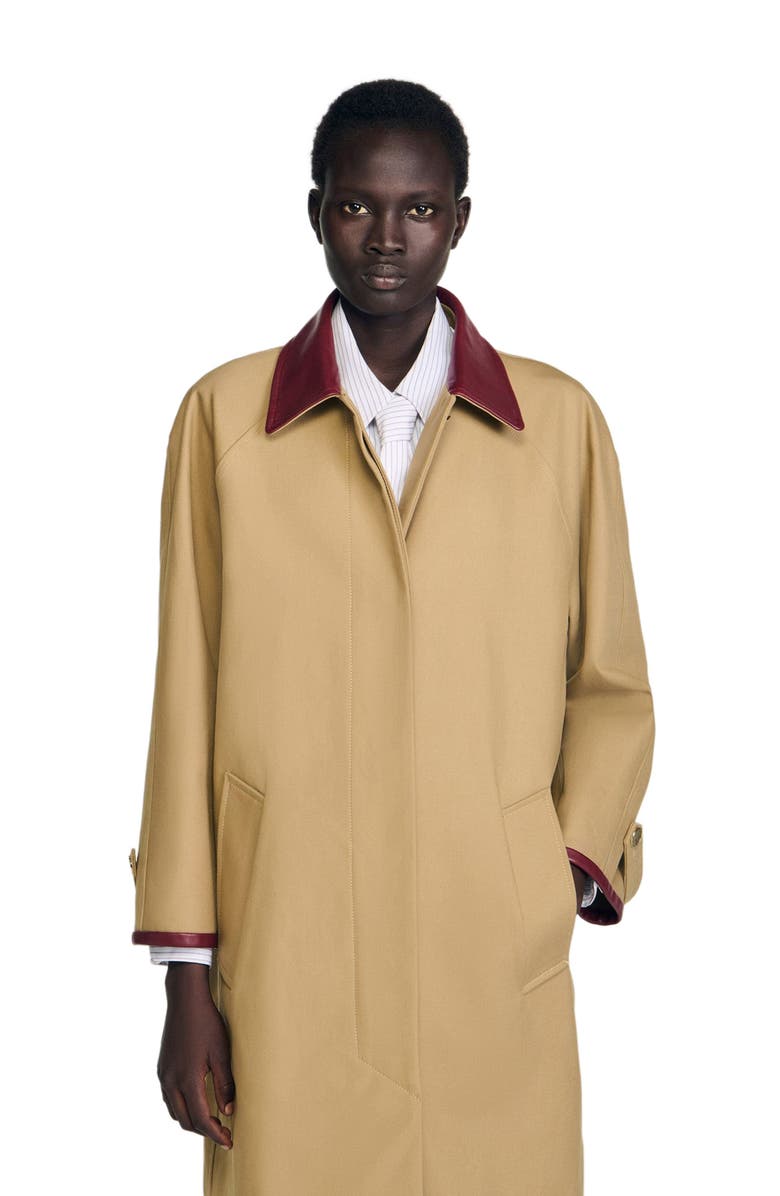 SANDRO Trench coat with leather collar, Alternate, color, Beige