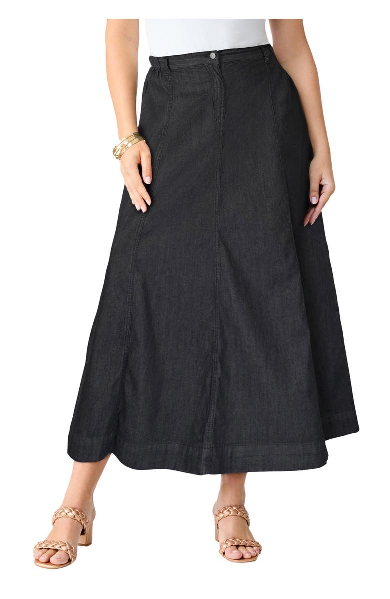 Roaman's Plus Size 24/7 Stretch A Line Maxi Skirt, Main, color, Black Denim