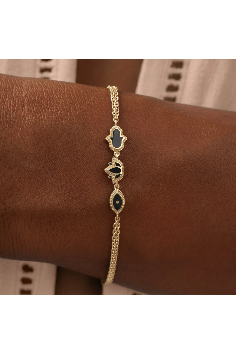 Multi Charm Onyx Gold Plated Women's Bracelet - Sacred Poise, Alternate, color, Gold/Black
