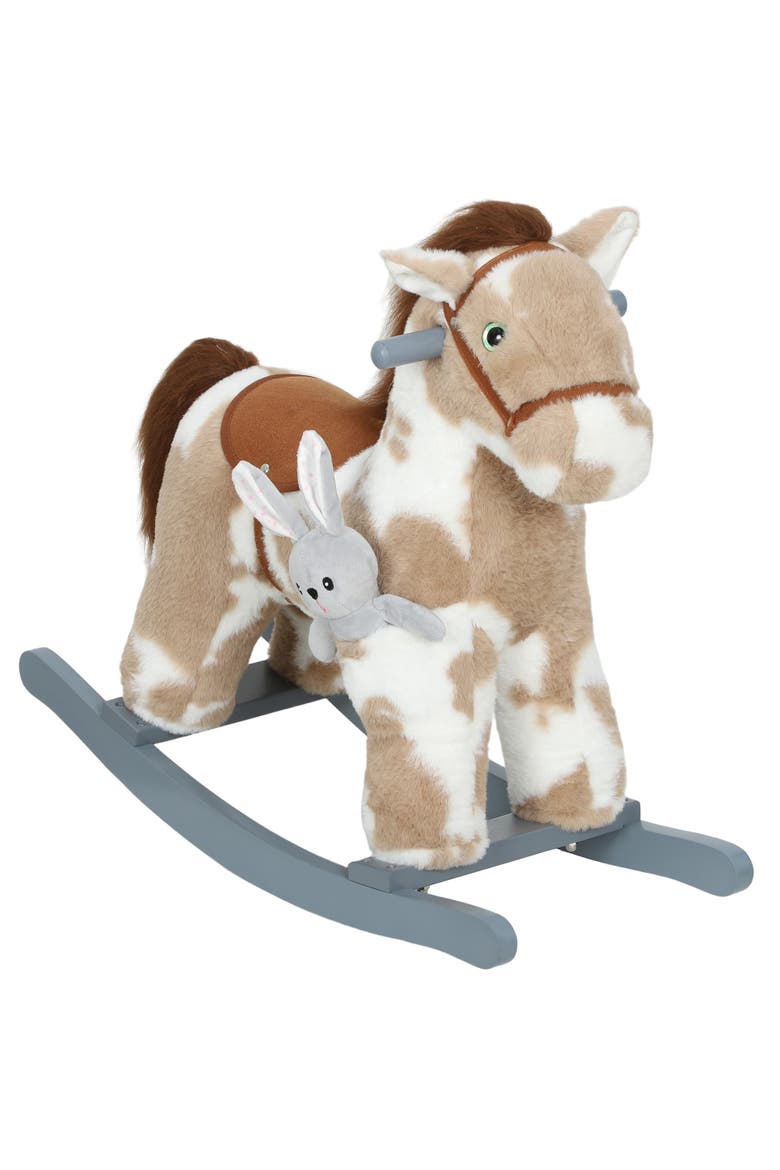 Rocking Horse Kids Plush Animal Rocker with Realistic Sound for Toddlers Soft Filling Ride on Horse with Rabbit Toy, Main, color, Brown