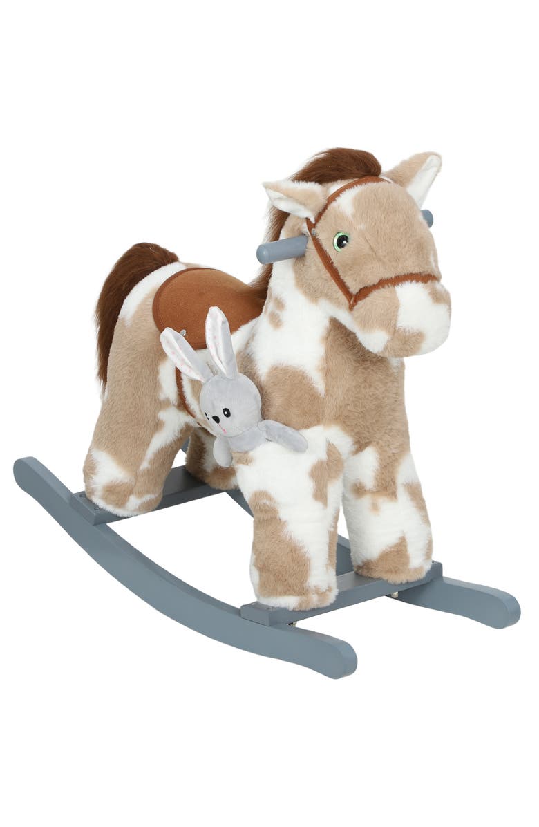 Qaba Rocking Horse Kids Plush Animal Rocker with Realistic Sound for Toddlers Soft Filling Ride on Horse with Rabbit Toy, Main, color, Brown