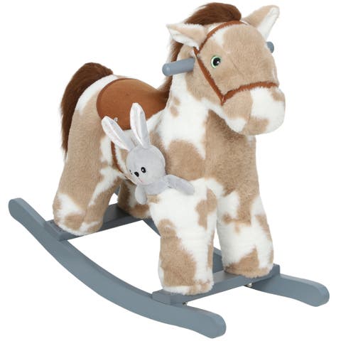 Rocking Horse Kids Plush Animal Rocker with Realistic Sound for Toddlers Soft Filling Ride on Horse with Rabbit Toy
