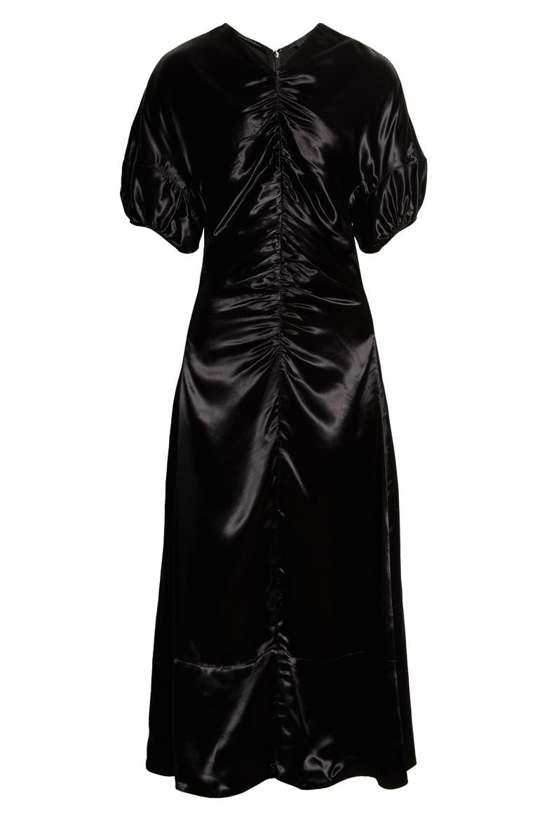 Puff Sleeve Ruched Satin Midi Dress, Alternate, color, BLACK