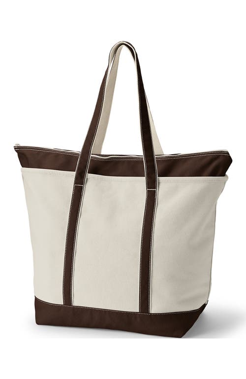 Lands' End Zip Top Long Handle Canvas Tote Bag In Natural/brown Root