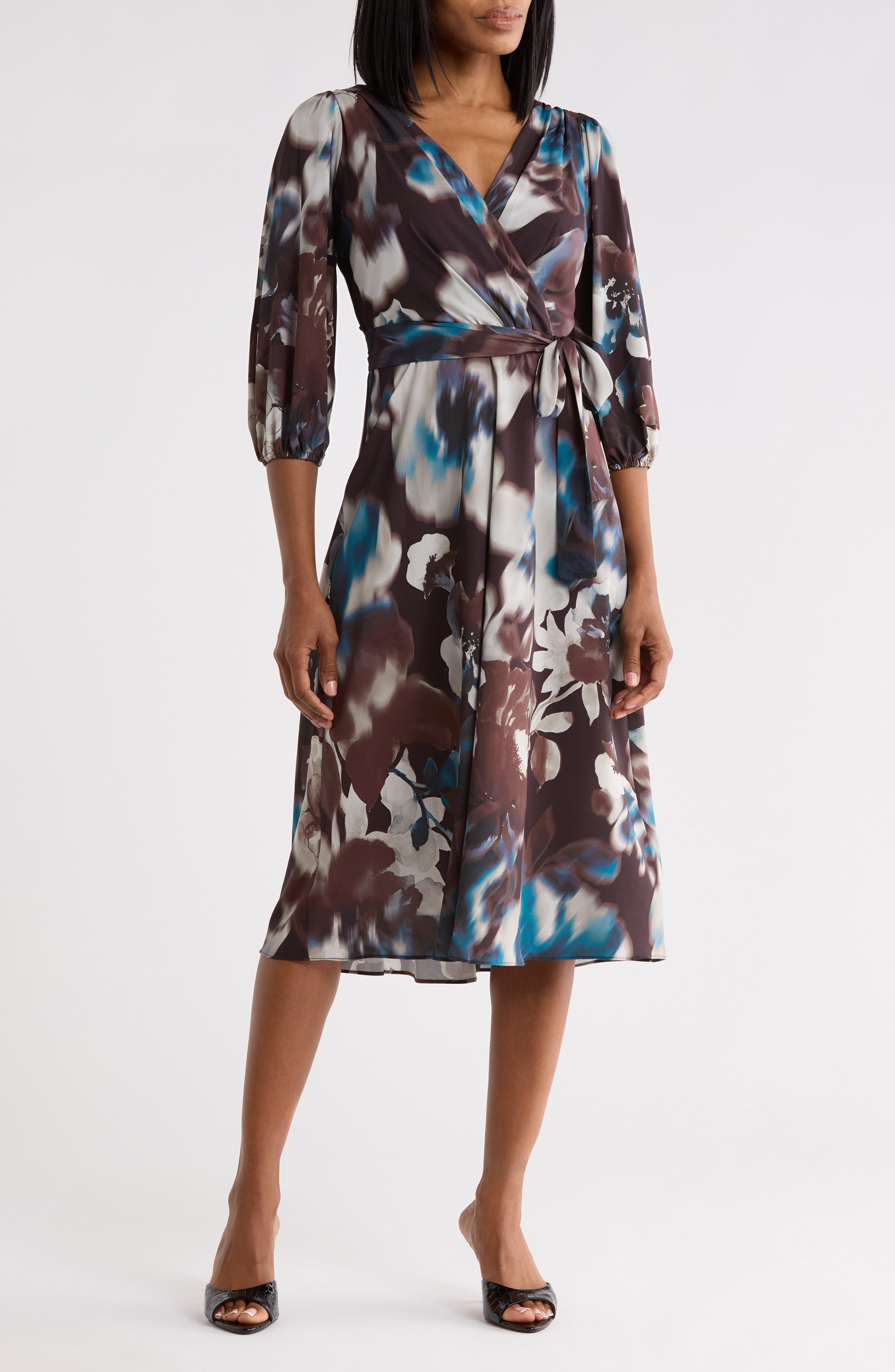 Balloon Sleeve Faux Wrap Midi Dress