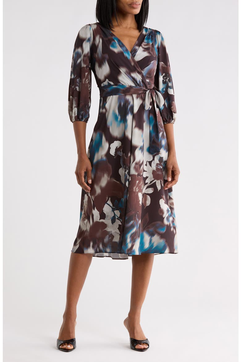 Balloon Sleeve Faux Wrap Midi Dress, Main, color, CHOC PLUM