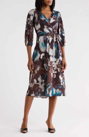 Balloon Sleeve Faux Wrap Midi Dress