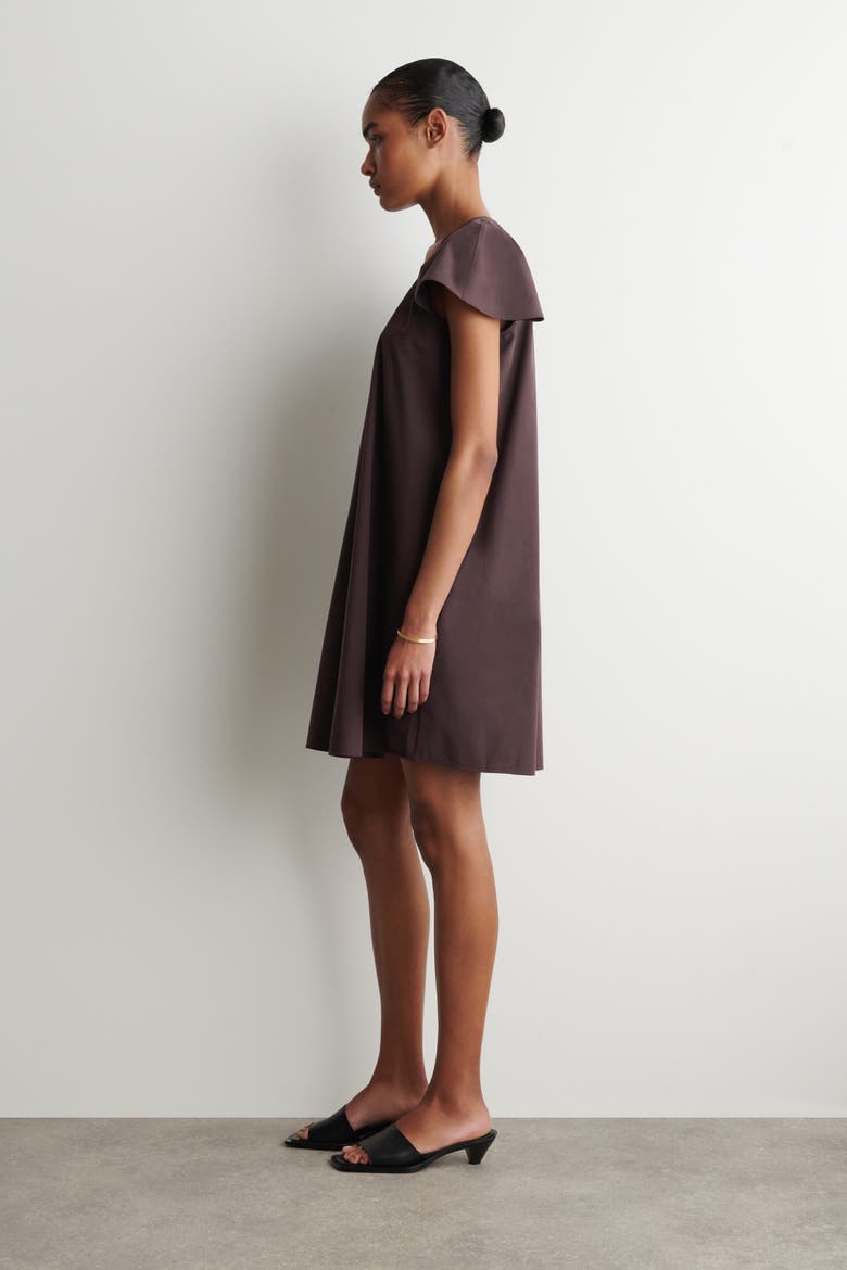 Fluted-sleeve Cotton Mini Dress, Alternate, color, DARK BROWN