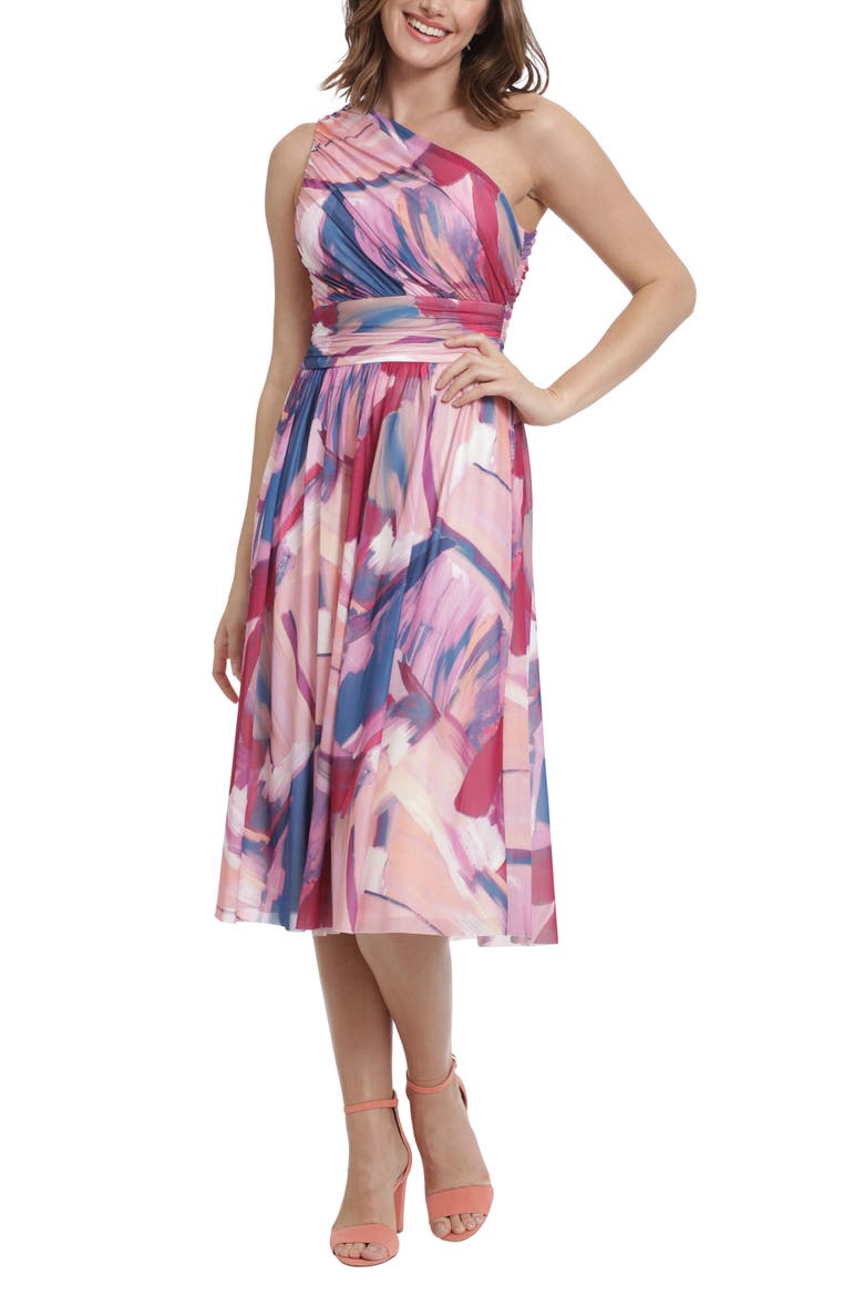 Print Ruched One-Shoulder Dress, Main, color, WHITE/ PINK
