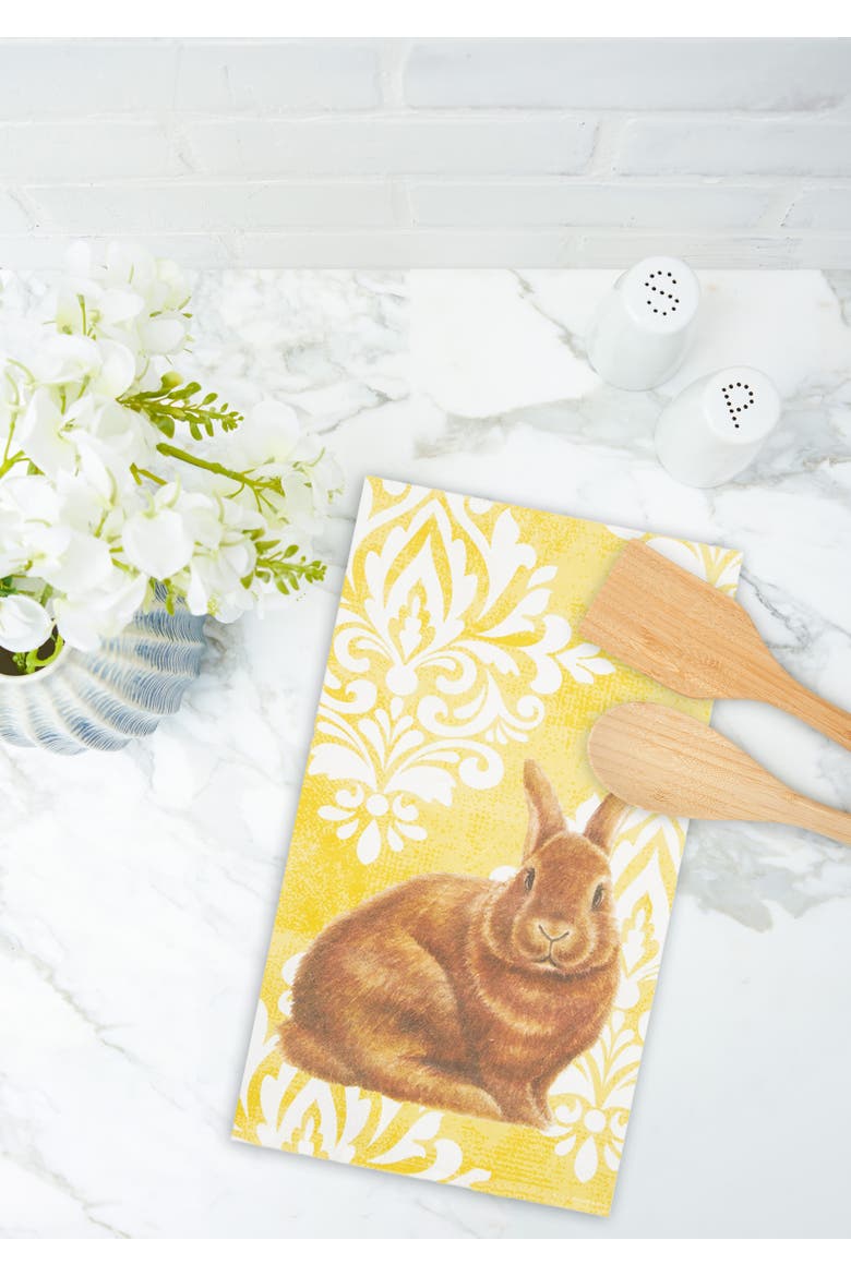 Damask Yellow Bunny Cotton Kitchen Towel, Alternate, color, Yellow