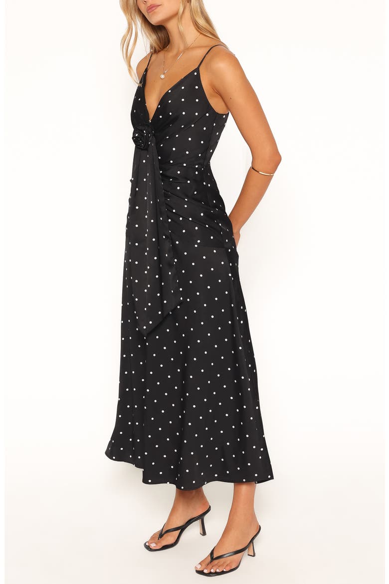 Eluna Ruched Plunge Neck Polka Dot Midi Dress, Alternate, color, BLACK/ CREAM POLKA DOT