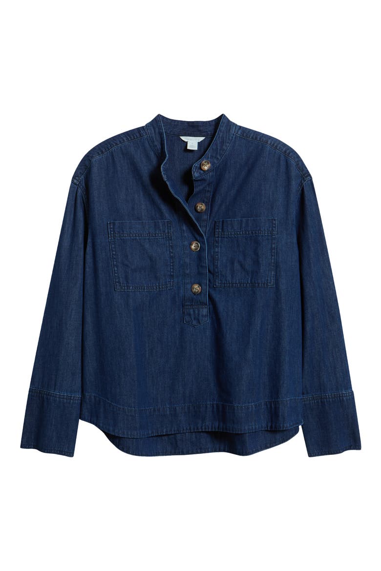 Chambray Henley Popover Top, Alternate, color, DARK WASH