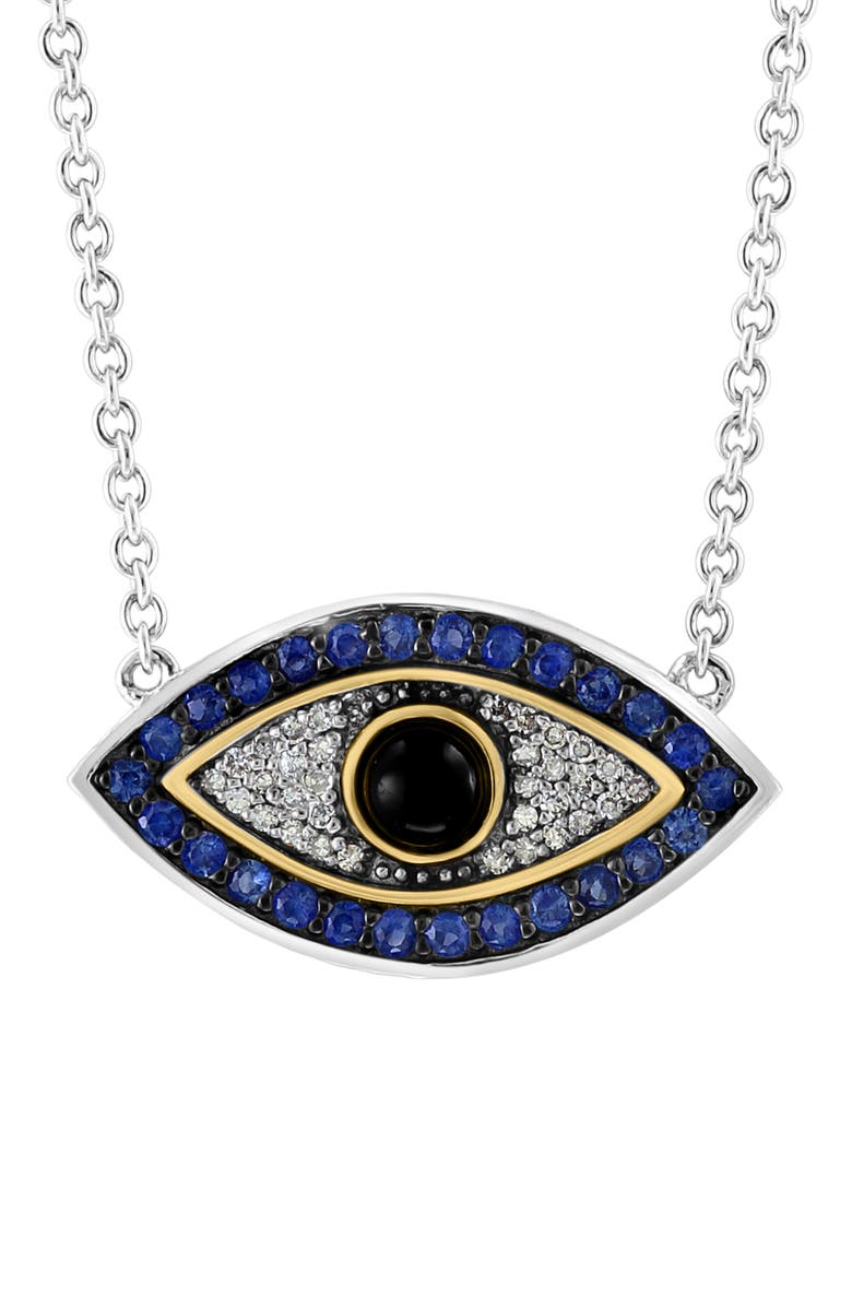 EFFY 14K Gold & Sterling Silver Onyx, Sapphire & Diamond Evil Eye Pendant Necklace - 0.09ct., Alternate, color,