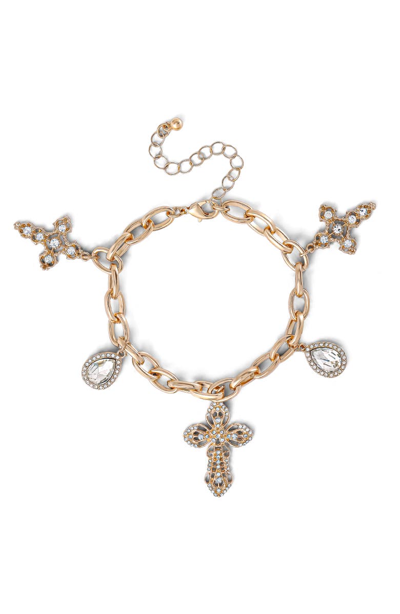 Jessica Simpson Crystal Cross Charm Bracelet, Main, color, Gold