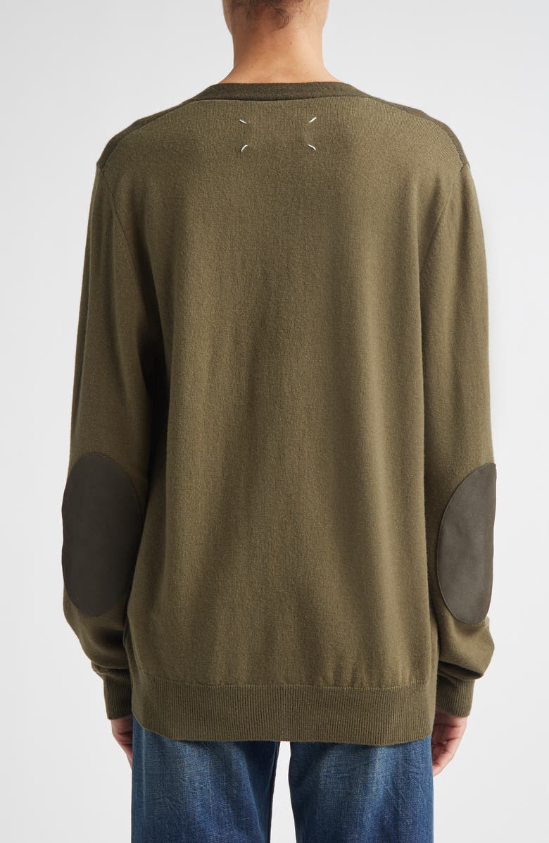 Maison Margiela Colorblock Elbow Patch Wool V-Neck Cardigan, Alternate, color, Military Green/ Dark Green