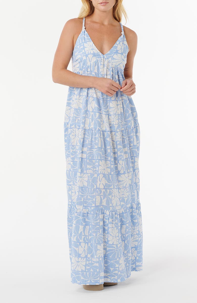 Rip Curl Print Knotted Sleeveless Tiered Maxi Sundress, Main, color, Blue